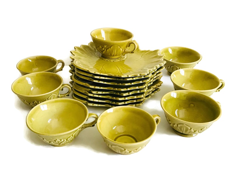Vintage 16 Pc Woodfield Golden Fawn Chartreuse Tea Cups Set of 8 Tea and Toast Snack Set, 1940s Woodfield Steubenville Snack Plate Set