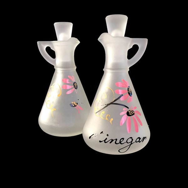 Vintage Hazel Atlas Glass Cruet Set Gay Fad 1950's Frosted Oil and Vinegar Pink and Black Glass Salad Set