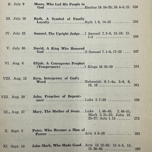 May include: A black and white printed page with a list of biblical figures and their stories. The page is titled "THIRD QUARTER-Great Men and Women of the Bible".