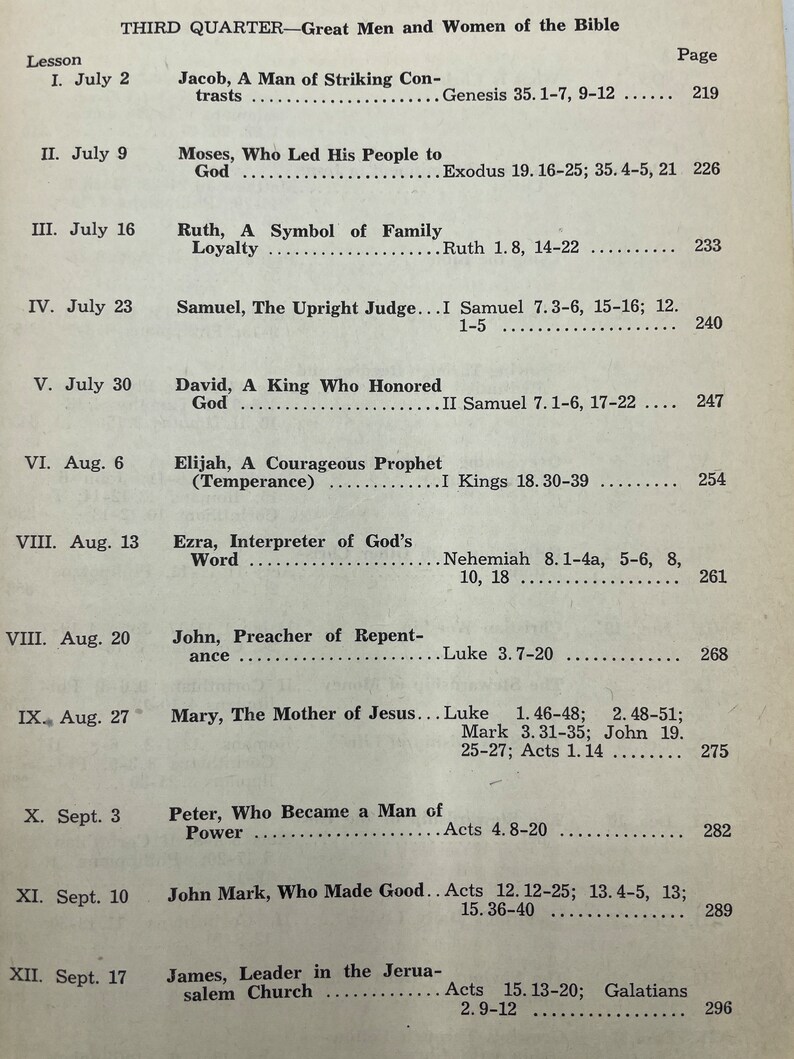 May include: A black and white printed page with a list of biblical figures and their stories. The page is titled "THIRD QUARTER-Great Men and Women of the Bible".