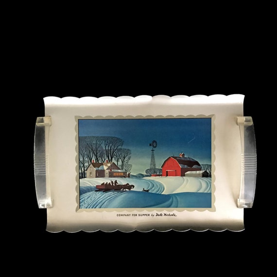Vintage Metal Tray With Lucite Handles Winter Farm Scene - Lucite Home Decor Trays Vintage Metal Tray With Lucite Handles Winter Farm Scene - Lucite Home Decor Trays