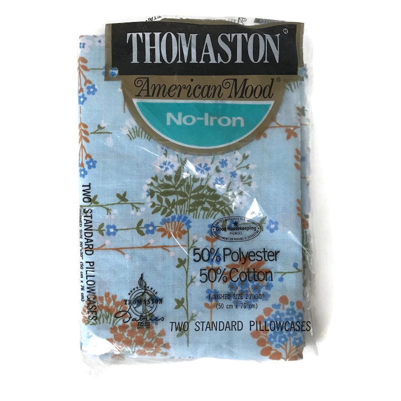 NOS Thomaston Pillowcase Set Cotton Polyester Vintage New Old Stock Blue Floral Print Fabric Deadstock New Home Bedding Twin Bed Linens