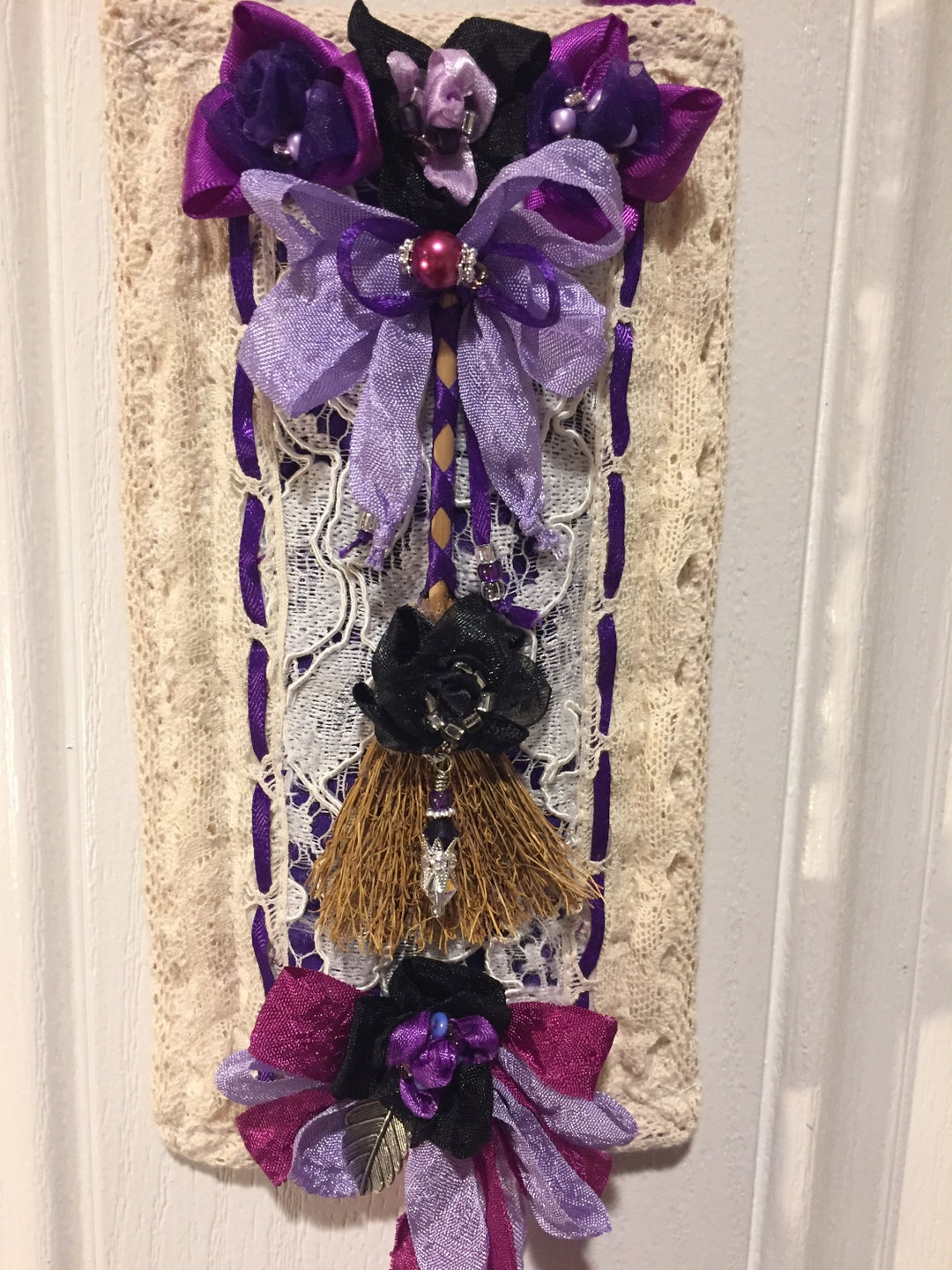 Halloween Wall Decor Witch Broom Purple Black Cream - Etsy
