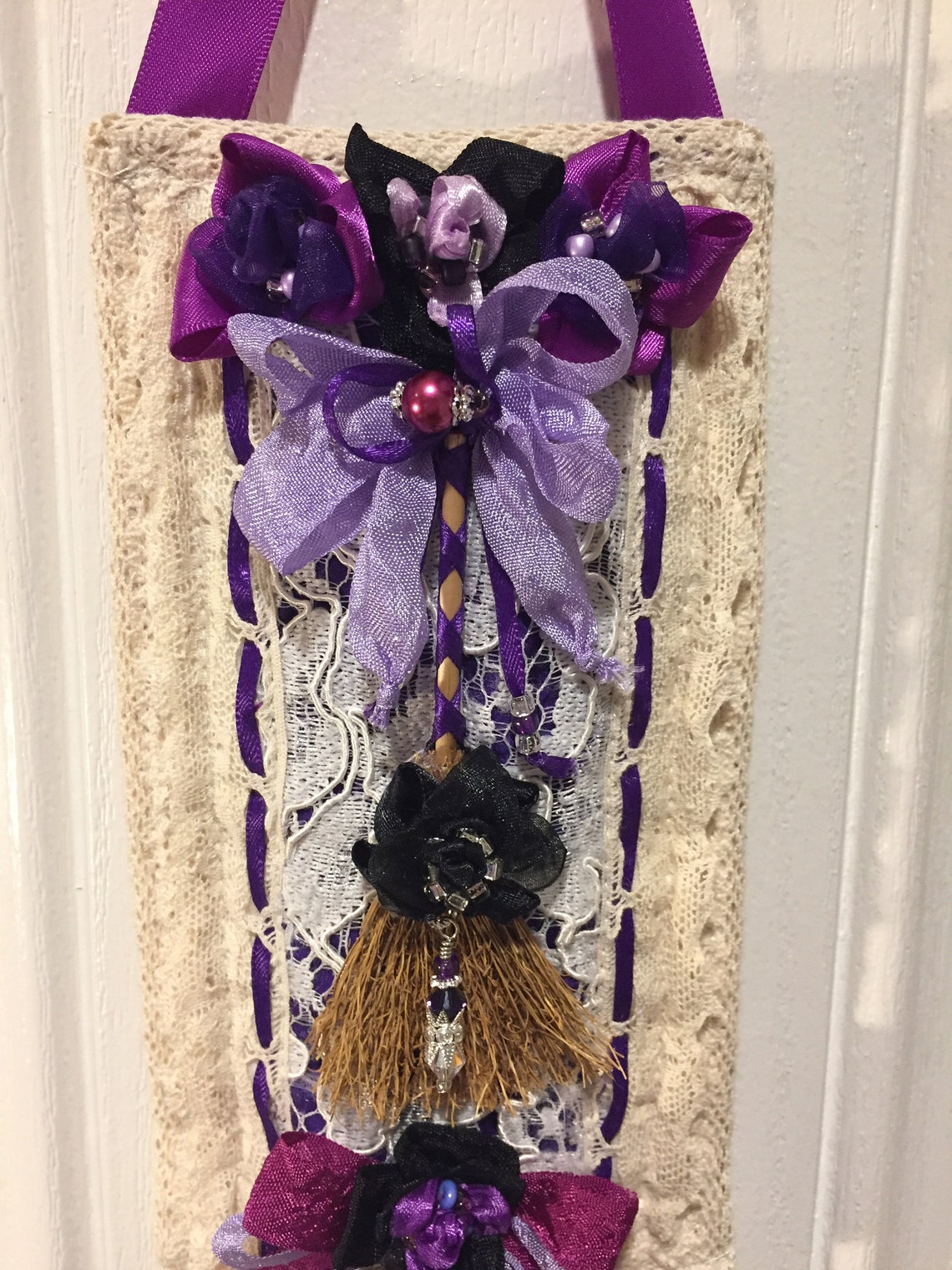 Halloween Wall Decor Witch Broom Purple Black Cream - Etsy