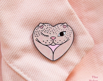 Vulvacat Enamel Pin • Soft pink glitter • The Vulva Gallery