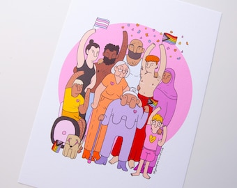 May include: A colorful illustration of a diverse group of people holding rainbow flags and hearts. The people are standing in a circle on a pink background. The illustration is a celebration of diversity and inclusion.
