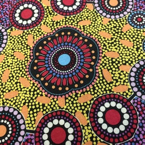 Australian Aboriginal Fabric by the  YARD. Cotton Quilt Fabric with Aboriginal Art Designs. &quot;Meeting Places Black&quot; by M & S Textiles.