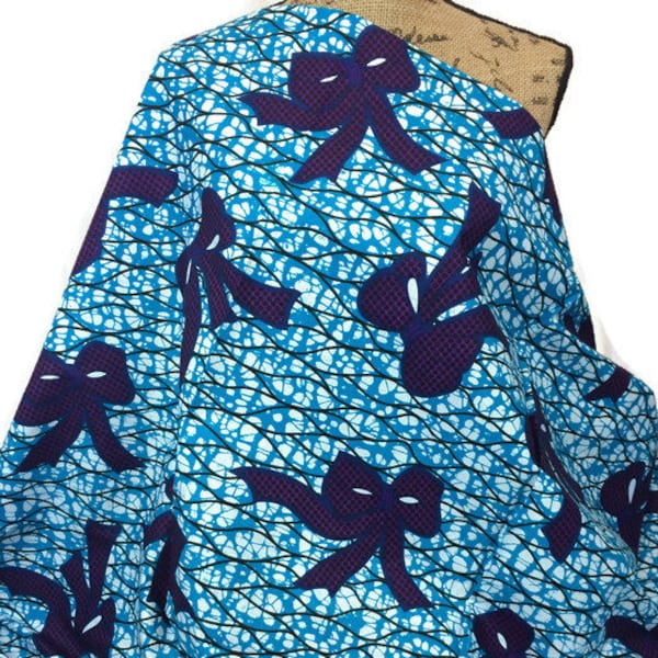 African Fabric--African Wax Print Fabric--Ankara Fabric--Mitex Holland Wax Print--Sky Blue w/ Purple Bows--African Fabric by the YARD