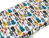 Day of the Dead Guitar Art Fabric by the YARD. White Turquoise Yellow Olive Halloween Fabric. 100 Cotton for Quilting, Apparel, Home Decor.