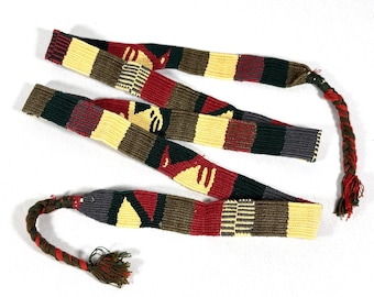 Guatemalan Handwoven Belt, Rust/Tan/Green with Braided Tassels. 1 inch x 48 inch Cotton Mayan Toto Sash.