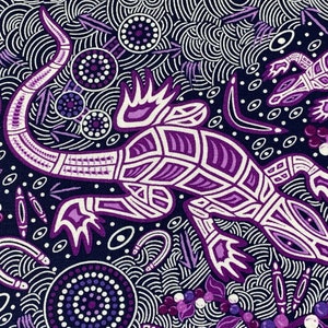 Australian Aboriginal Cotton Quilting Fabric by the YARD. M&S Textiles Man and Goanna Violet. For sewing, quilting, apparel, home decor. image 2