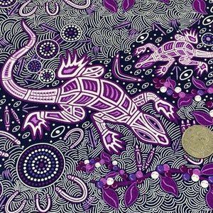 Australian Aboriginal Cotton Quilting Fabric by the YARD. M&S Textiles Man and Goanna Violet. For sewing, quilting, apparel, home decor. image 8