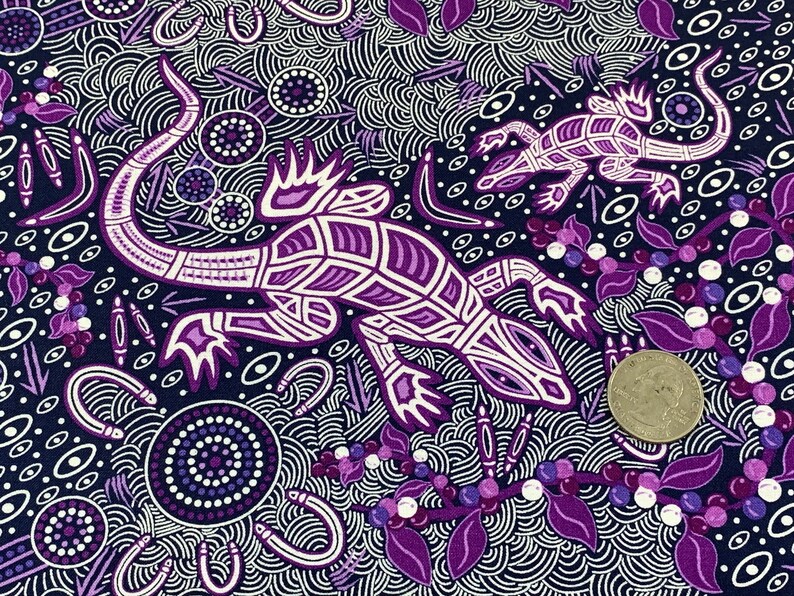 Australian Aboriginal Cotton Quilting Fabric by the YARD. M&S Textiles Man and Goanna Violet. For sewing, quilting, apparel, home decor. image 8