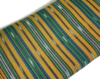 Guatemalan Fabric by the Yard. 100% Handwoven Cotton Fabric. Bright Yellow & Green, Ikat Striped Mayan Textiles for Clothing and Home Décor.