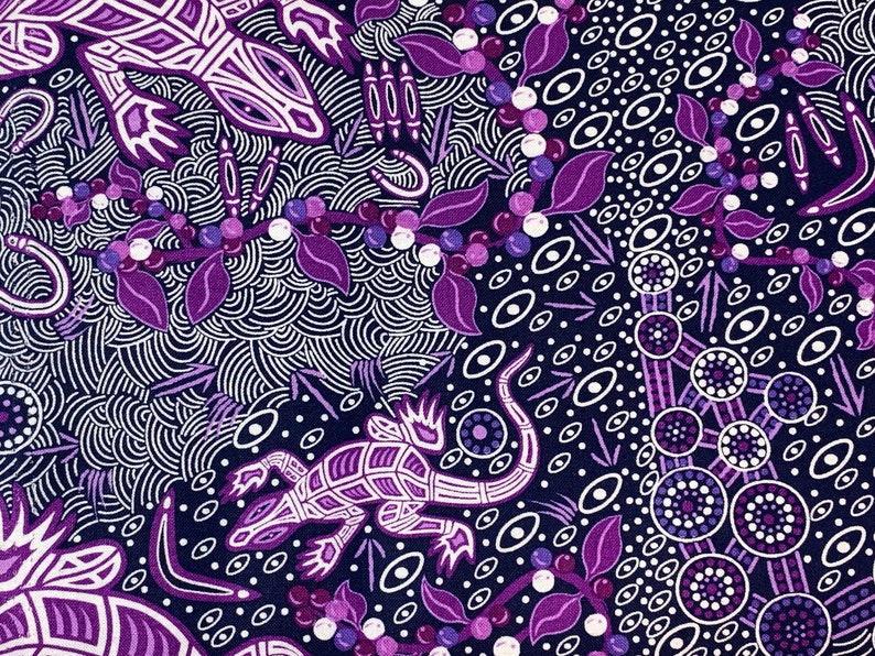Australian Aboriginal Cotton Quilting Fabric by the YARD. M&S Textiles Man and Goanna Violet. For sewing, quilting, apparel, home decor. image 6