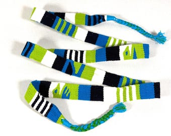 Guatemalan Handwoven Belt, Blue/Green/Black/White with Braided Tassels. 1 inch x 48 inch Cotton Mayan Toto Sash.