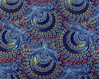 South African Shweshwe Fabric by the YARD. DaGama 3 Cats Royal Blue/Red/Gold Paisley. 100% Cotton Fabric for Quilting, Apparel, Home Décor