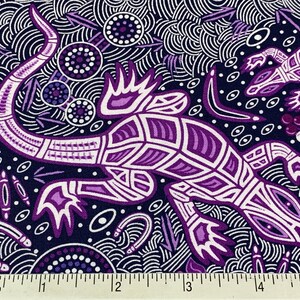 Australian Aboriginal Cotton Quilting Fabric by the YARD. M&S Textiles Man and Goanna Violet. For sewing, quilting, apparel, home decor. image 7