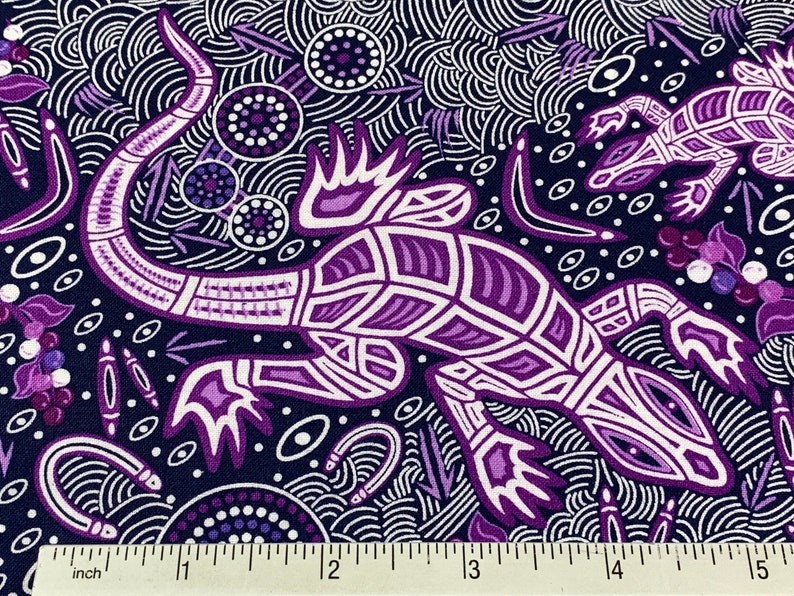 Australian Aboriginal Cotton Quilting Fabric by the YARD. M&S Textiles Man and Goanna Violet. For sewing, quilting, apparel, home decor. image 7
