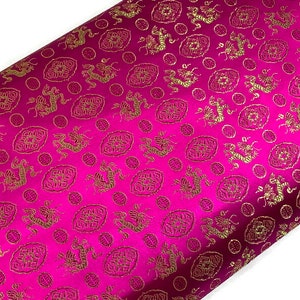 Chinese Brocade Embroidered Fabric by the YARD. Asian Satin Woven Fabric for Home Décor, Clothing, Craft. Pink/Gold Dragons & Medallions.