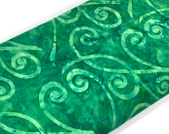 Hand Dyed Indonesian Batik Fabric by the YARD. Emerald Green Swirls & Scrolls. 100% Cotton Fabric for Quilting, Sewing, Apparel, Home Decor.