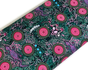 Australian Aboriginal Cotton Quilting Fabric by the YARD. M&S Textiles Snake and Goanna Bush Tucker Pink by Wally Evans. Original Art Fabric