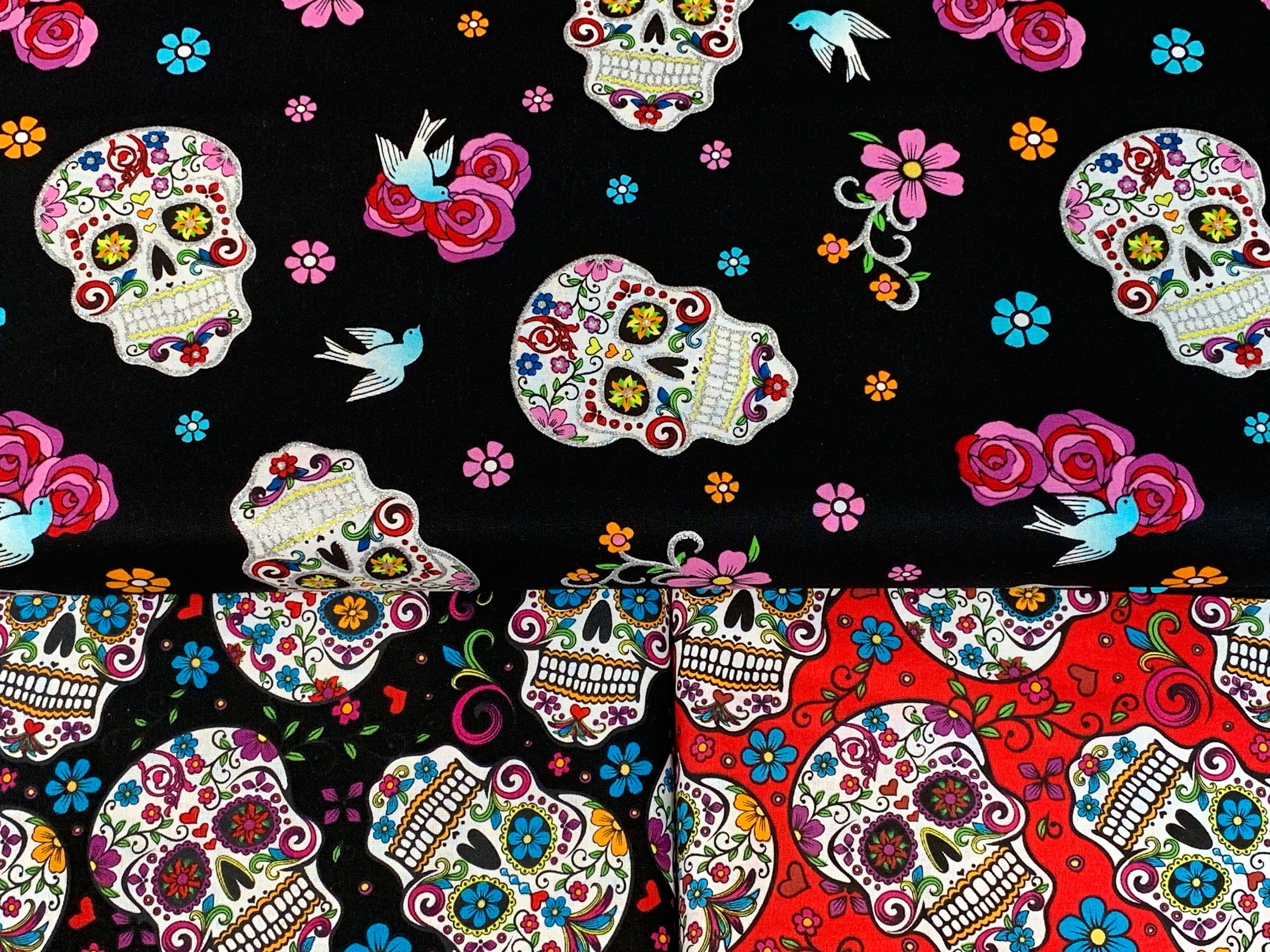 Day of the Dead Sugar Skull Fabric Black With Assorted Colors. Mexican ...