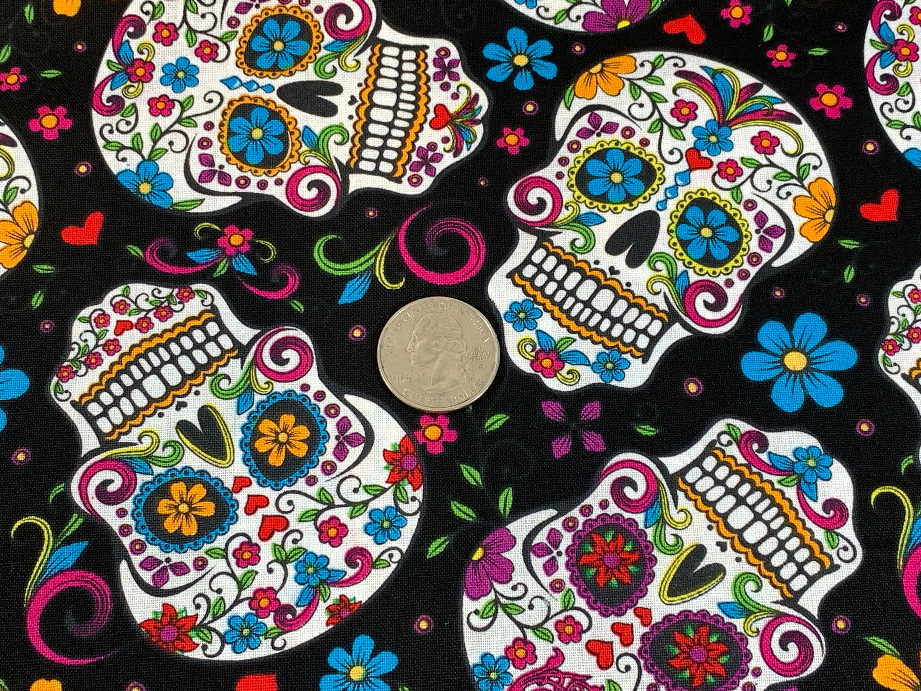 Day of the Dead Sugar Skull Fabric Black With Assorted Colors. Mexican ...