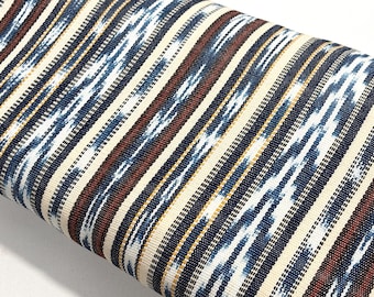 Blue, Brown, & Cream Ikat Striped Guatemalan Fabric by Yard, Handwoven Cotton Mayan Textile, 36" Wide.