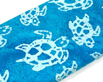 Hand Dyed Indian Batik Fabric by the YARD with White Sea Turtles on Turquoise. 100% Cotton Fabric for Quilting, Sewing, Apparel.