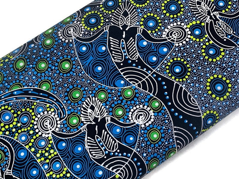 Australian Aboriginal Cotton Quilt Fabric by the YARD. M&S Textiles Dancing Spirit Blue. 100% Cotton Indigenous Tribal Art Design Fabric. image 1