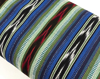 Blue, Green, Red Ikat Guatemalan Fabric by Yard, Handwoven Mayan Cotton Textile, 36" Wide.