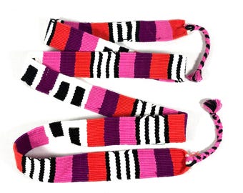 Guatemalan Handwoven Belt, Pink/Red/Purple with Braided Tassels. 1.25  inch x 52 inch Cotton Mayan Toto Sash.