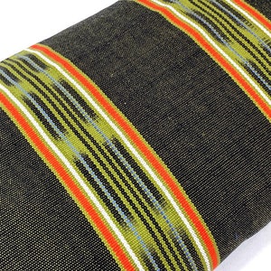 Guatemalan Handwoven Heavy Weight Fabric by the YARD. Black/Olive Green/Orange Ikat Stripes. Fair Trade Mayan Cotton Fabric for Home Decor.