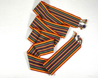 Guatemalan Mayan Handwoven Fabric Sash with Tassels. Bright Red & Rainbow. 3 inch x 82 inch.