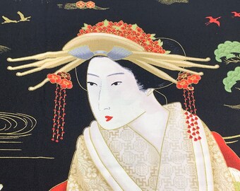 Kyoto Garden Geisha Fabric by the PANEL. 23.5"x44" Black,Red,Metallic Gold Japanese Print. Timeless Treasures 100% Cotton for Quilts , Decor