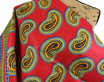 African Wax Print Fabric by the PANEL--32"x 44". African Dashiki Style Panel with Red, Yellow, Blue Paisley Print. 100% Cotton Panel Fabric.