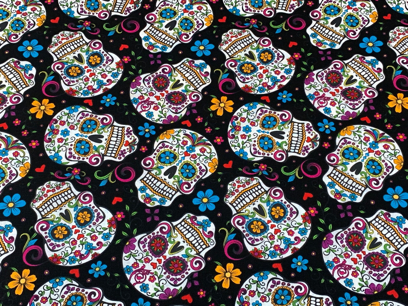 Day of the Dead Sugar Skull Fabric Black With Assorted Colors. Mexican ...