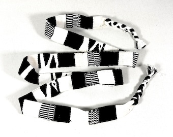 Guatemalan Handwoven Belt, Black and White with Braided Tassel Ends. 1.25 x 48 inch Cotton Mayan Toto Sash.