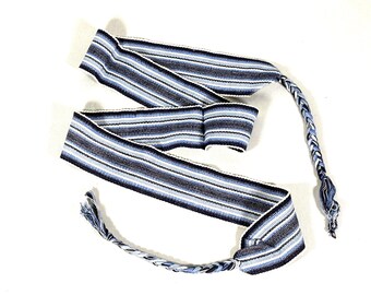 Guatemalan Mayan Handwoven Cotton Sash with Tassels. Blue and Black. 2 inch x 42 inch.