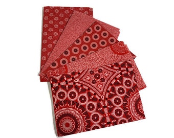 5 Piece Fat Quarter Bundle South African Shweshwe Fabric. DaGama 3 Cats Red Assorted Patterns. 100% Cotton for Quilts, Craft, Apparel, Décor