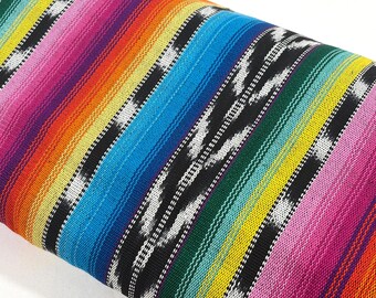 Bright Rainbow & Black, White Ikat Guatemalan Fabric by Yard, Handwoven Cotton, 36" Wide.