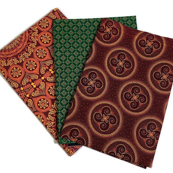 3 Piece Fat Quarter Bundle South African Shweshwe Fabric. Cinnamon/Gold/Green Assorted Patterns. 100% Cotton for Quilts, Apparel, Décor.