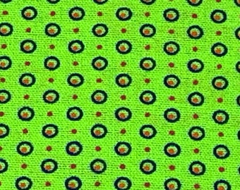 South African Shweshwe Fabric by the  YARD. DaGama Three Cats Lime Green Circled Dots. Cotton Fabric for Quilting, Apparel, and Home Decor