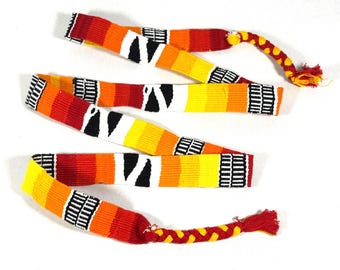 Guatemalan Handwoven Belt, Red/Orange/Yellow/Black/White with Braided Tassels. 1.25  inch x 48 inch Cotton Mayan Toto Sash.