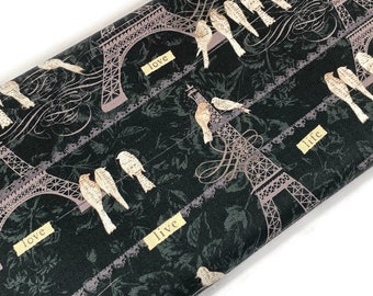 Paris, France Eiffel Tower, Birds on a Wire Fabric Sold by the YARD. Black White Gray Taupe 100% Cotton Fabric for quilting, apparel, decor.