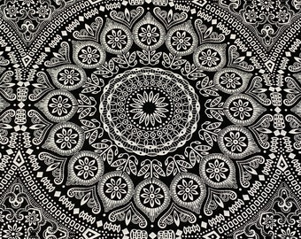 South African Shweshwe Fabric by the YARD. DaGama 3 Cats Black & White Giant Mandalas. 100% Cotton Fabric for Quilts, Apparel, Home Decor