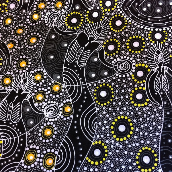 Australian Aboriginal Cotton Quilting Fabric by the YARD.  M&S Textiles Dancing Spirit Black. Original Aboriginal Art Design Cotton Fabric.