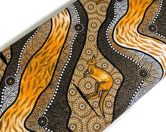 Australian Aboriginal Cotton Quilting Fabric by the YARD. M&S Textiles Kangaroo River Camp Tan by Nambooka. Original Art Design Fabric.