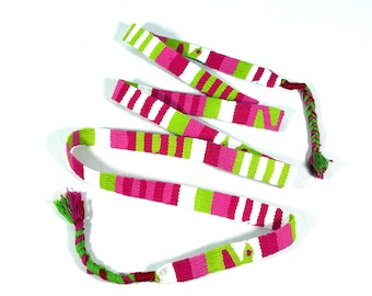 Guatemalan Handwoven Belt, Pink/Green/White with Braided Tassel Ends. 3/4 inch x 50 inch Cotton Mayan Toto Sash.